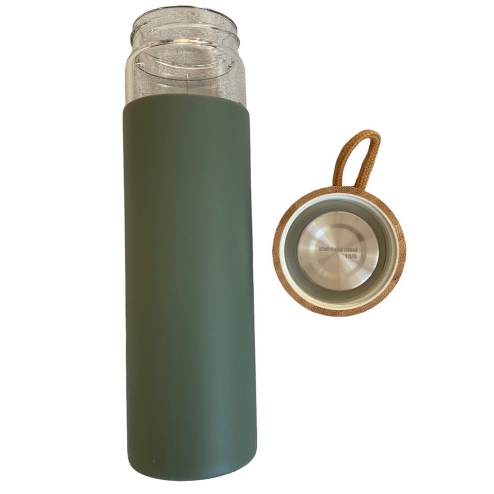 Yomious Olive 20 Oz Borosilicate Glass Water Bottle Bamboo Lid NWOT - Picture 3 of 8